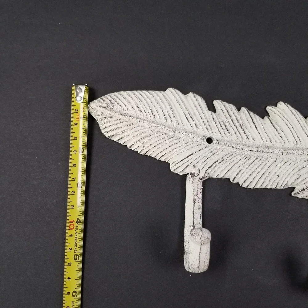 Cast Iron Feather Wall Hook Rack 3 Hooks Distressed White Rustic‎ Farmhouse 11.5
